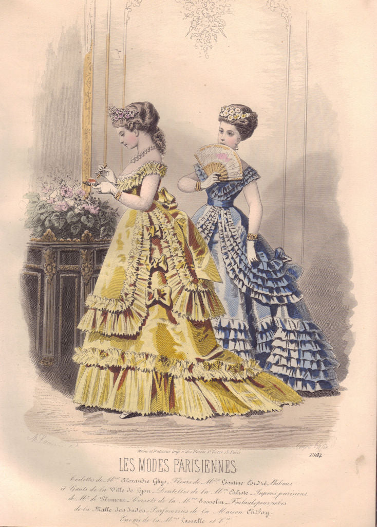 FASHION. Elegant Parisian ladies. yellow. blue 1869 old antique print picture